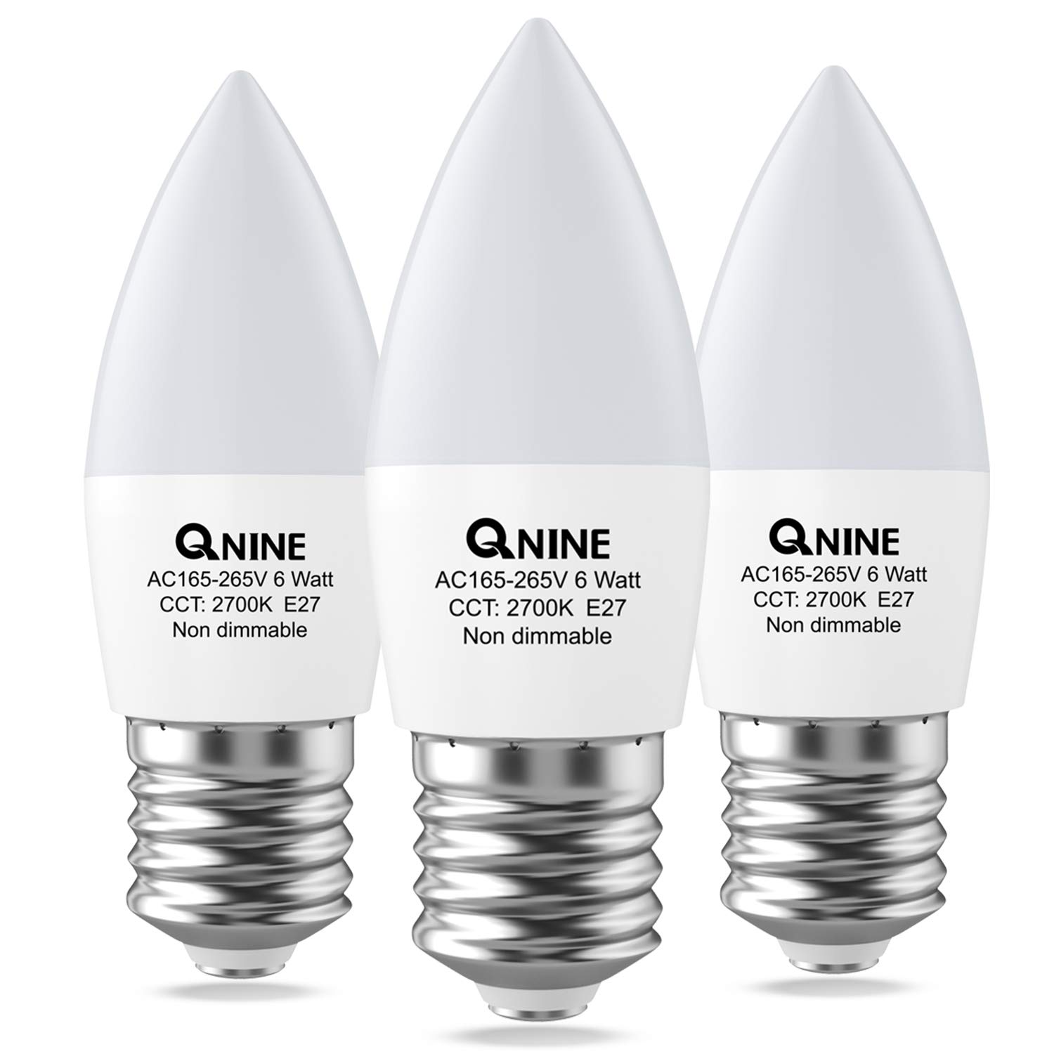QNINE Warm White E27 Screw Bulb, 6W (60W Equivalent), 540lm, LED Candle Bulbs, 2700K, Non-Dimmable, 3 Pack