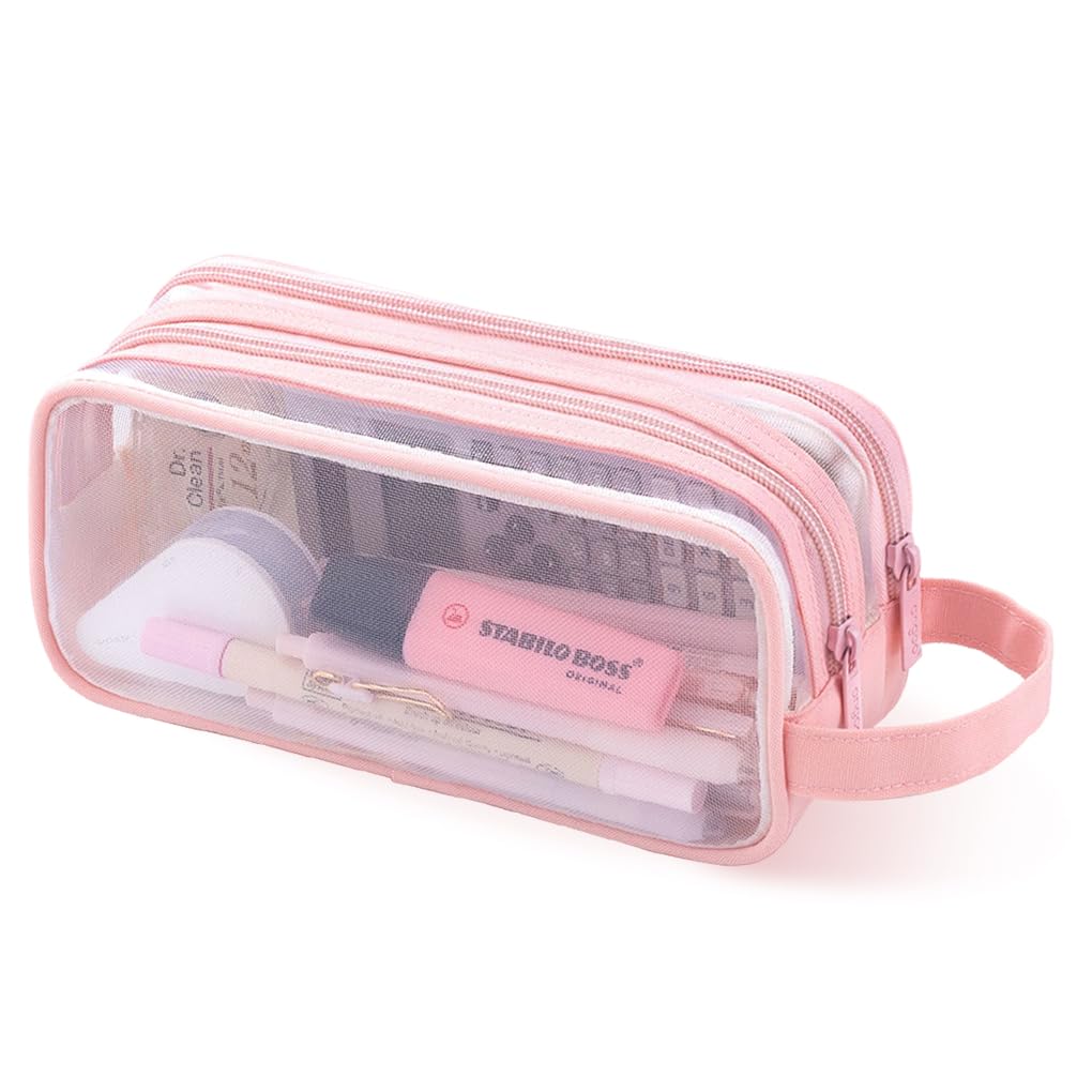 Oyachic 2 Compartment Pencil Case Clear Mesh Pen Pouch Grid Makeup Cosmetics Bag Transparent Marker Organizer Office Business Travel Adults (Pink)