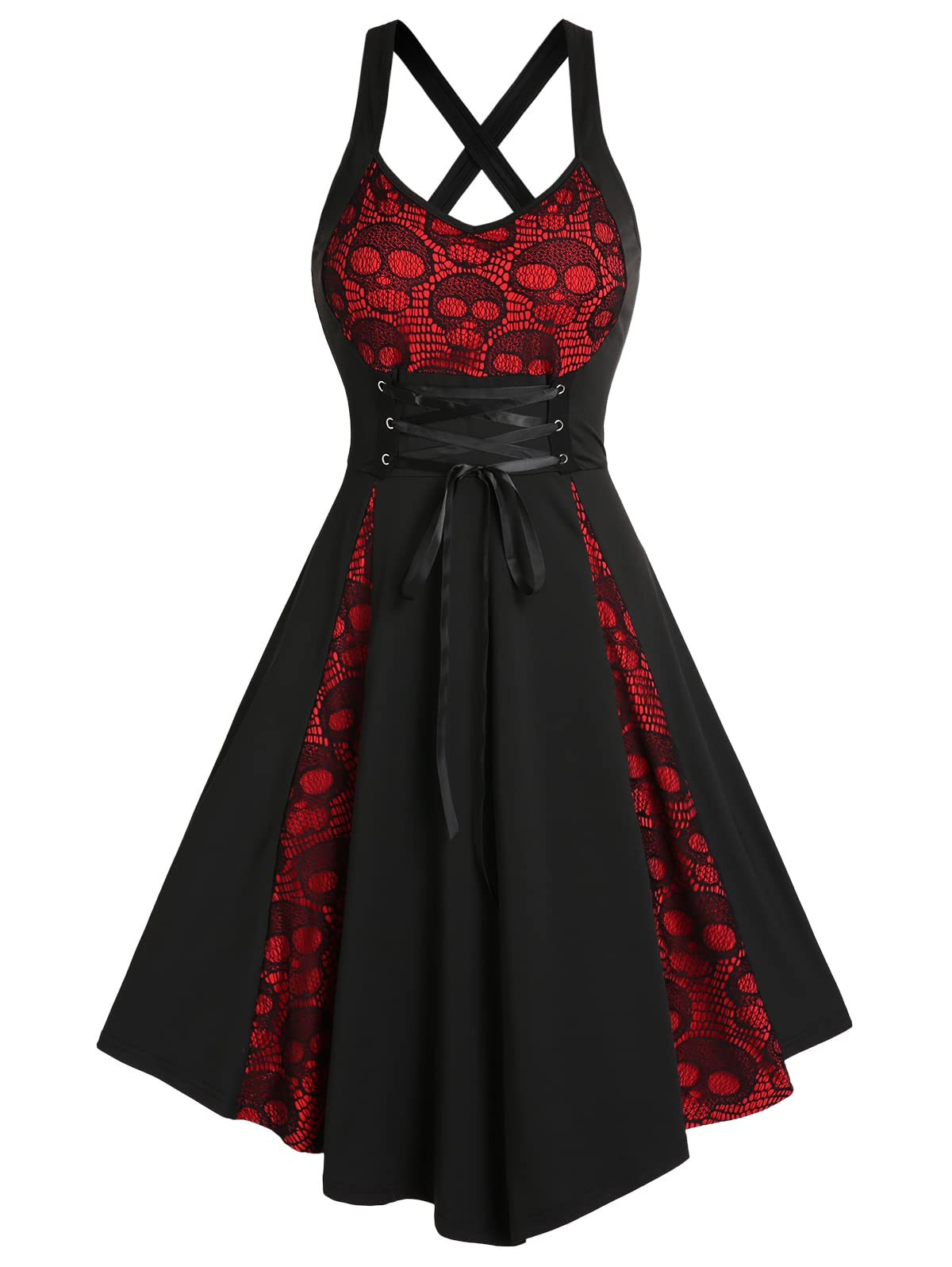 Photo 1 of DRESSFO Summer Lace Up Cross Back A Line Gothic Sundress Skull Lace Godet Dress for Women (Black Red/Small)