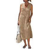 Fisoew Womens Crochet Sleeveless Dress Casual Summer V Neck Boho Knit Cover Up Beach Vacation Midi Tank Dresses