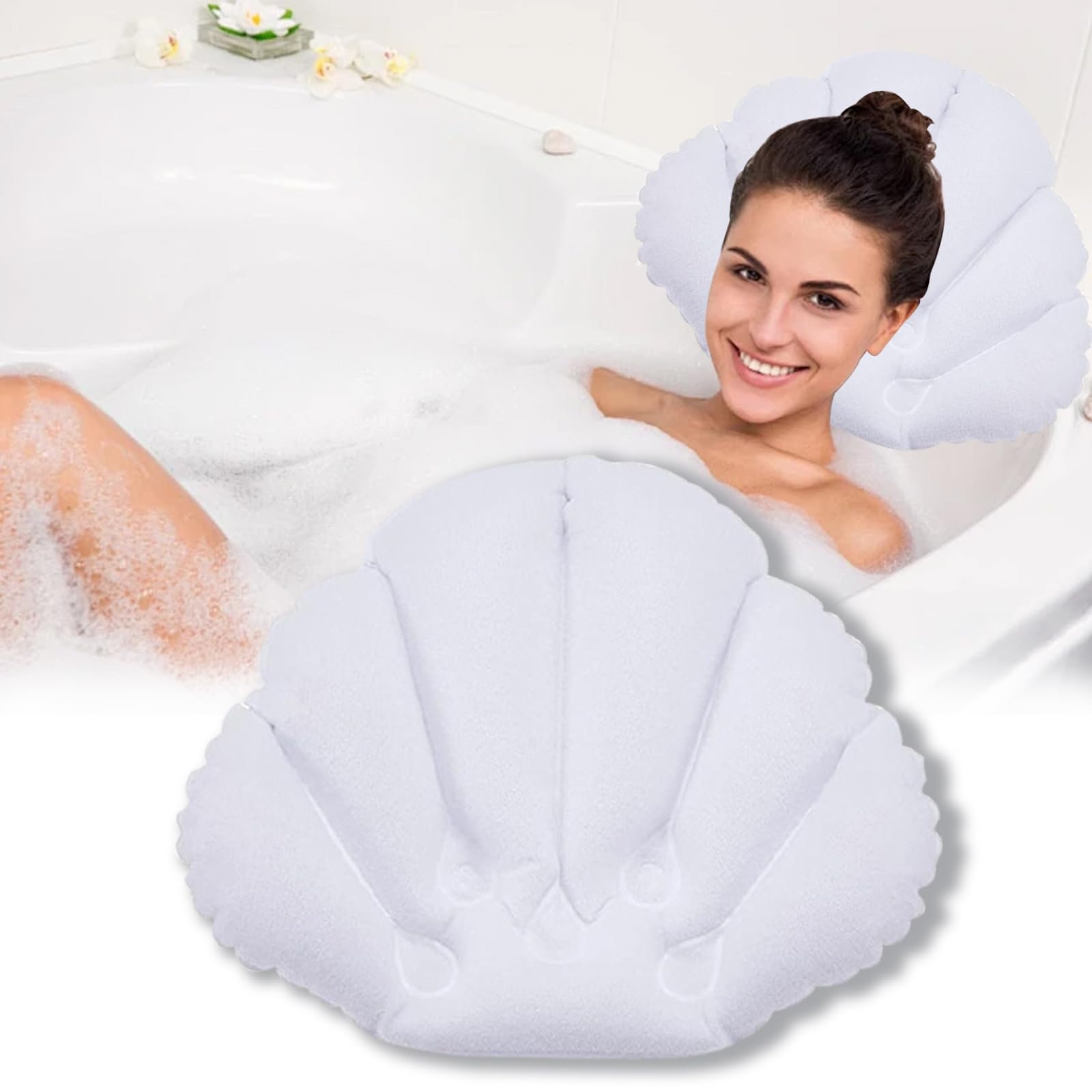 BSITSSS Inflatable Bath Pillow, Bath Pillows for Head and Neck Waterproof, Terry Cloth Bath Cushion, Shell Shape Bathtub Pillows, Bath Head Rest for Baths Soft Fits all Bathtub, Hot Tub and Home Spa