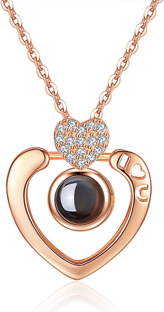 925 Sterling Silver Projective Necklace, The Memory of Love Nanotechnology Necklace, DOUYIN Necklace - 100 Different Languages for I Love U