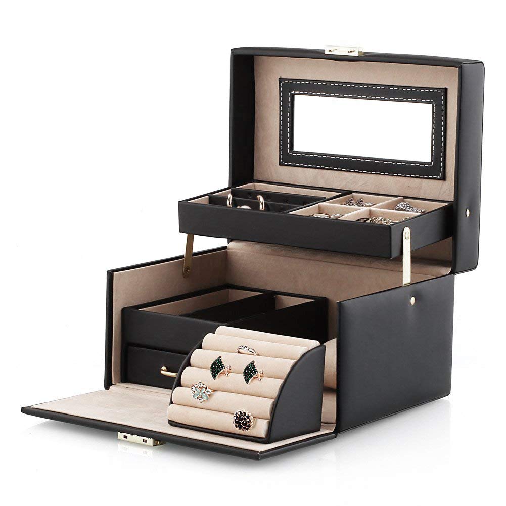 Portagioie Friedrich London Friedrich Portagioielli London In Vera Pelle - Con Specchio E Scomparti Multiuso - Nero Casetta Gioielli Con Specchio - Foto 5