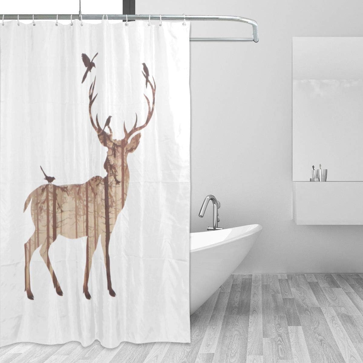 Gehiypa Art Wildlife Deer with Pine Forest and Birds Shower Curtain with Hooks