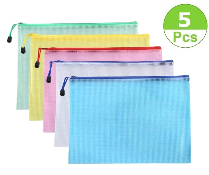 5pcs Clear Color Zippered Vinyl Mesh Documents Pouches，Waterproof