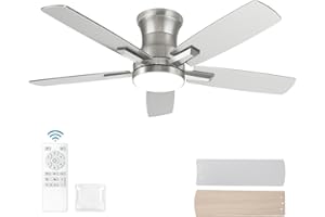 YUHAO 42 Inch Flush Mount Brushed Nickel Ceiling Fan with Light and Remote Control.Noiseless,Dimmable,3CCT,6 Speeds Reversible, Low Profile DC Ceiling Fans for Indoor Use