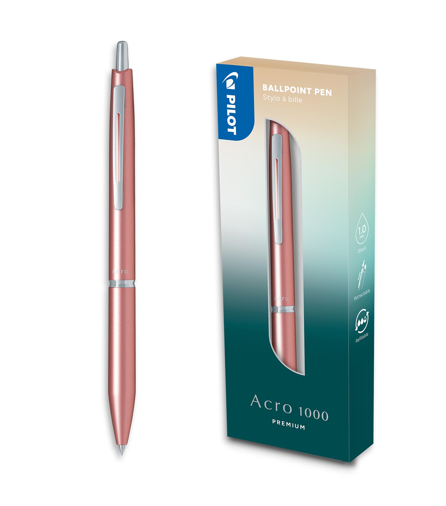 PILOT - Acro 1000 premium Ballpoint Pen in Pink Gold Gift Box - Ultra-Smooth Ink for Unmatched Writing Fluidity - Refillable and retractable Ballpoint Pen - Black Ink - Medium Tip