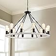 Saint Mossi 12 Lights Metal Chandelier Light Antique Paintedng,Rustic Vintage Farmhouse Pendant Lighting Wagon Wheel Chandelier, White Ash Wood Texture with Black, H20 x D32