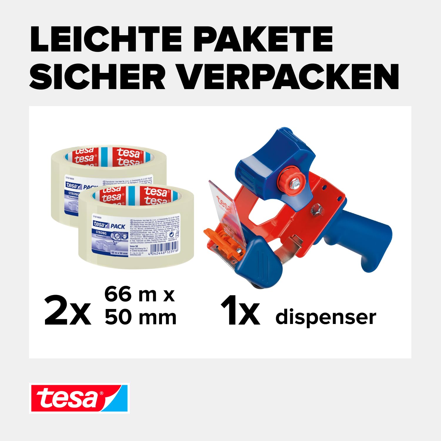 tesa Paketband-Abroller und tesapack Paketbänder im Set - 2 x hochwertiges Packband inklusive 1 Abroller - Transparent - 66 m x 50 mm 3