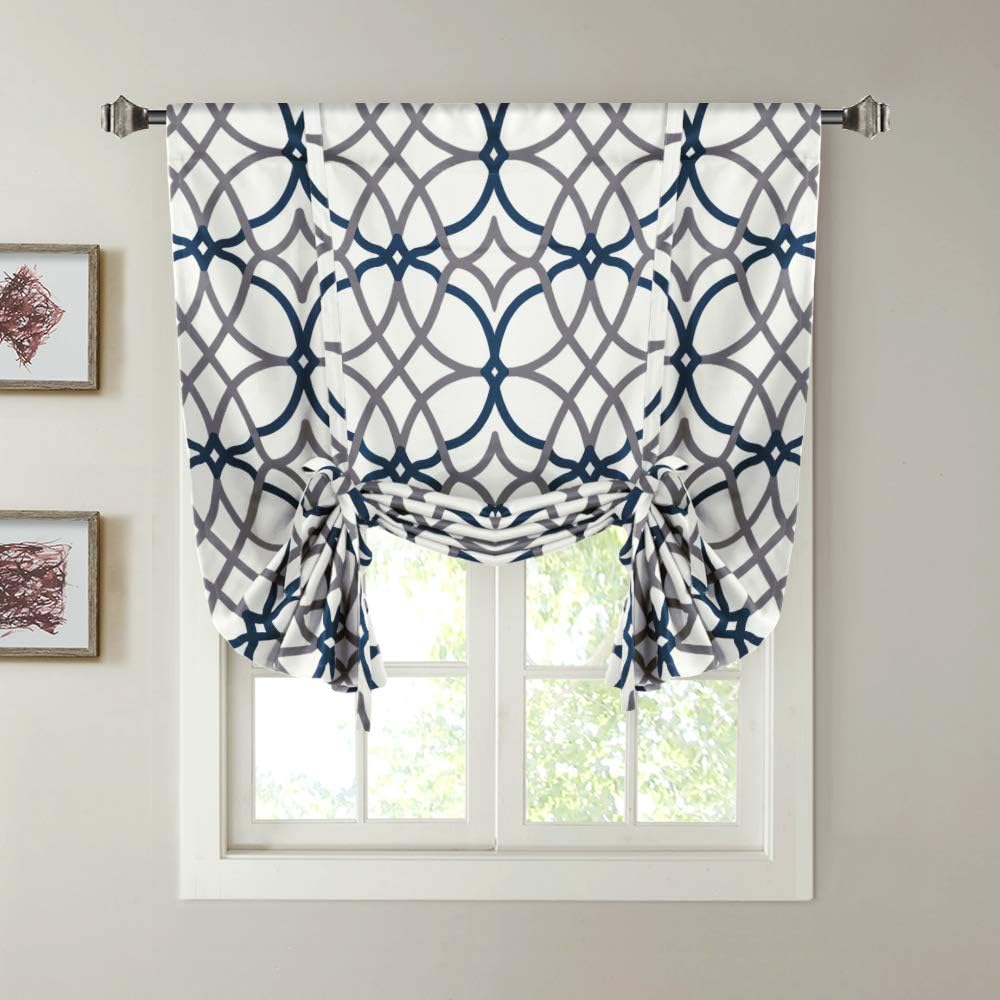 H.VERSAILTEX Blackout Curtain Thermal Insulated Adjustable Tie Up Shade Balloon Window Shade, Room Darkening Rod Pocket Curtain - 42" Wide by 63" Long - Grey and Navy Geo Pattern