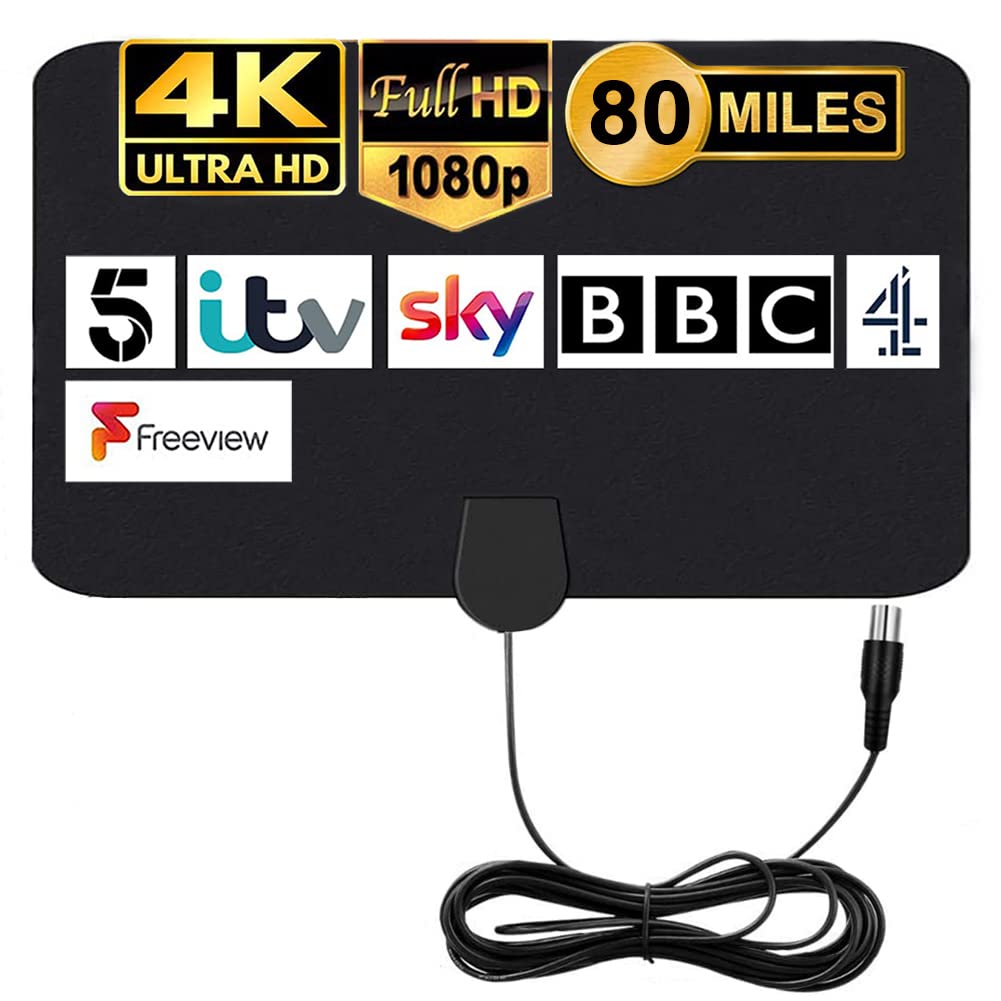 MILIWAN TV Aerial Indoor TV Aerial - 80 Miles Digital HDTV Antenna Freeview Antenna VHF UHF 4K 1080P for Local Channels Support ALL Television – 12.2 FT Coax Cable