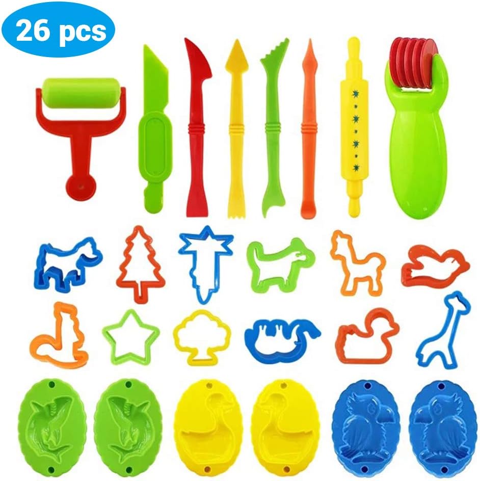 JMF 26PCS Dough Tools, Playdough Tools and Cutters For Kids, Children Dough Tools Plastic Play Dough Clay Rollers Molds Cutters Modelling Tools, Educational Toy Gift Set