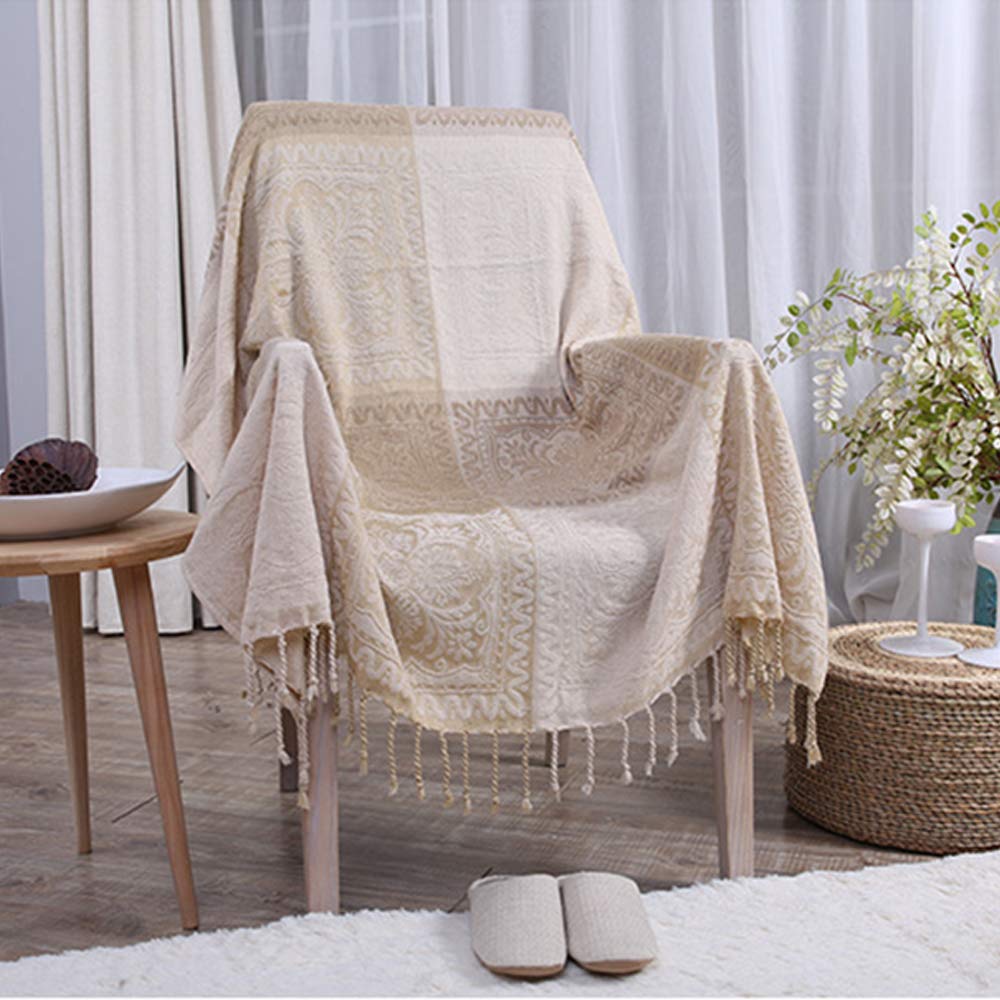 ele ELEOPTION Chenille Throw Blanket, Jacquard Tassels Throw Blanket Sofa Chair Cover Decorative for Bed Couch Soft Chair, Folk Tribal Pattern (Off-white, 150 x 190 CM)