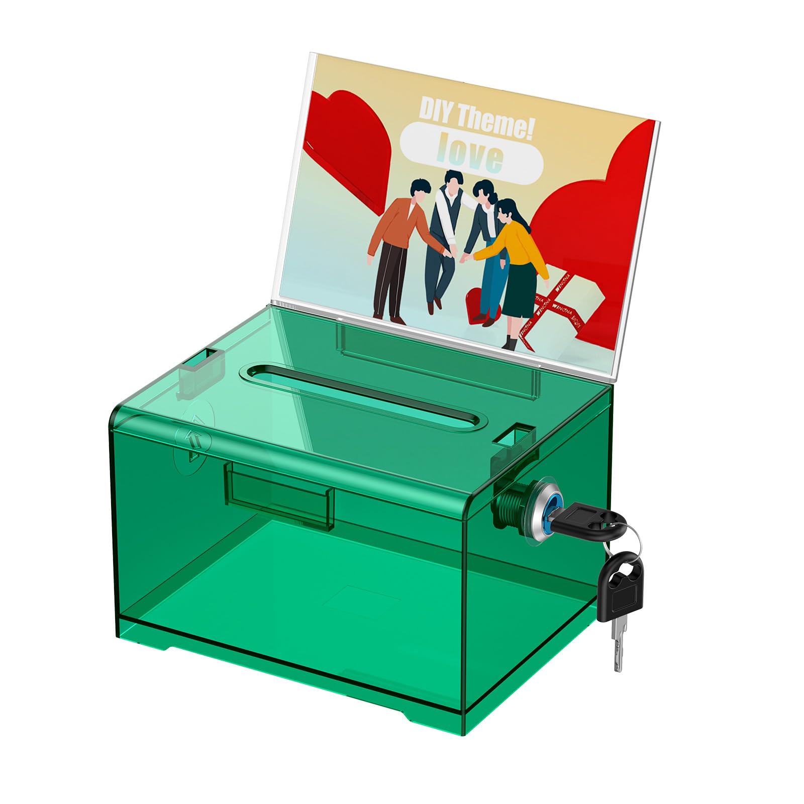 Photo 1 of Uniclife Acrylic Donation Box with Lock and Sign Holder Clear Green Ballot Box with Slot Plastic Suggestion Boxs Tip Jar Cash Storage Container Drop Boxs for Fundraising Voting, 6.2" x 5" x 4"
