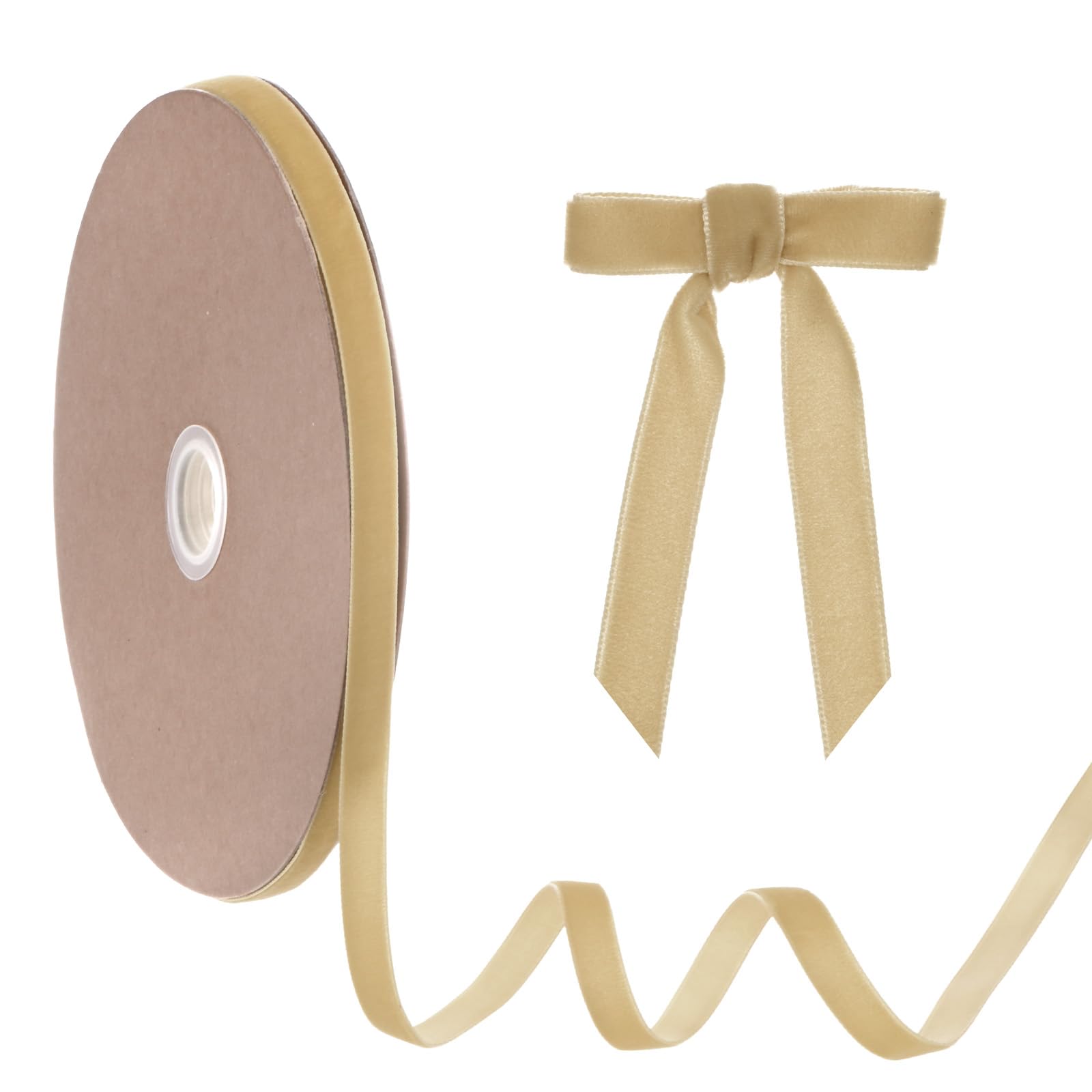 M METERXITY Thin Velvet Ribbon, 3/8'' 25 Yards Single Side Christmas Ribbon for Christmas Tree/Gift Wrapping/Flower Bouquet/Wreath Decorations/Bow Making/Handmade Crafts [Light Brown]