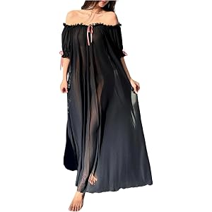 OYOANGLE Women's Off The Shoulder Sheer Nightgowns Puff Sleeve Sleep Dress | Sleepwear Dress, Maxi Night Dress, See Through N