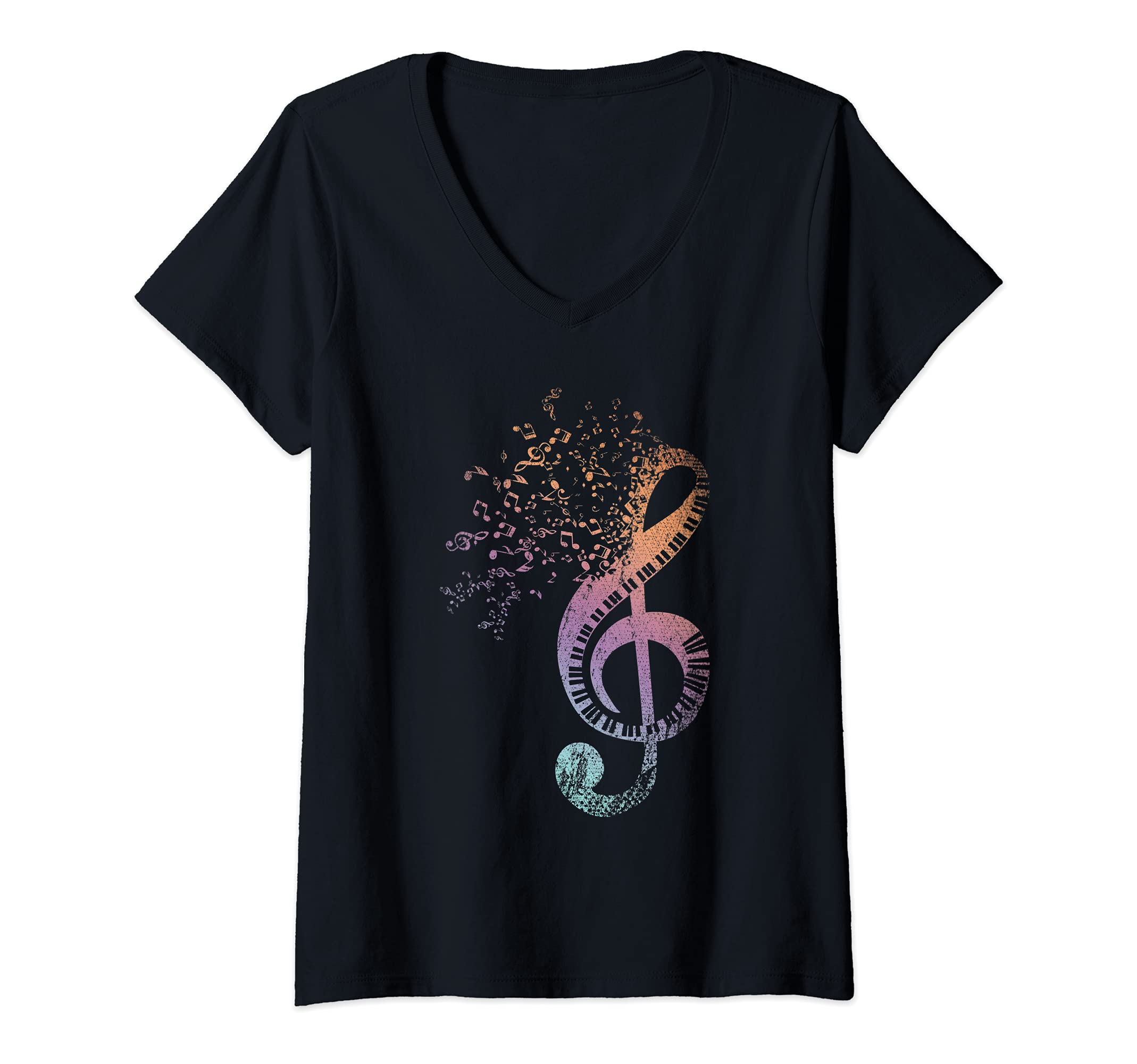 Womens Treble Clef Piano Keyboard Musician Pianist Colorful Piano V-Neck T-Shirt