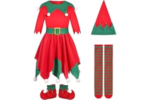 Christmas Elf Dress Costume Set with Hat Boot Socks Festive Red-Green Helper Cute Outfit Holiday Parties Family Photos