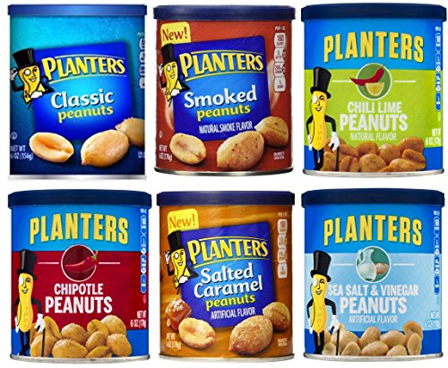 Planters Peanuts Variety Snack Pack & Gift Box. 6- 6oz Cans of Assorted Healthy Peanuts, Includes: Chili Lime, Classic, Salted Caramel, Smoked, Chipotle, Sea Salt Vinegar. Bundle of 6 Nut Variety Pack