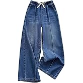 Nivne Tco Tween Boys Wide Leg Jeans Casual Bow Decor Loose Fit Elastic Waistband Baggy Denim Pants with Four Pockets