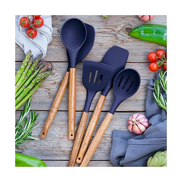 Miusco Non-Stick Cooking Utensils, Silicone Kitchen Utensils Set with Natural Acacia Hard Wood Handle, 5 Piece, Midnight…