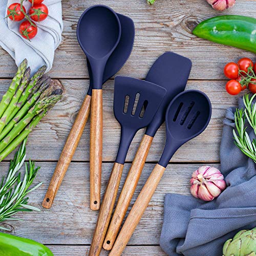 Miusco Non-Stick Silicone Kitchen Utensils Set with Natural Acacia Hard Wood Handle, 5 Piece, Midnight Blue, BPA Free, Baking & Serving Silicone Cooking Utensils