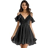 CNDGIKI Spaghetti Chiffon Short Homecoming Dress for Teens, Off Shoulder Puffy Sleeves Gowns Cocktail Party Dresses for Women