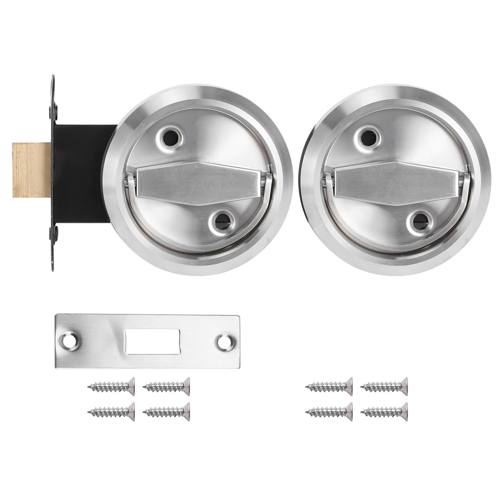 Security Door Lock, Sliding Pocket Door Bathroom Lock Set Passage Door Handle Locking Knobs Lockset Round Pocket Door Latch Locks(Silver)