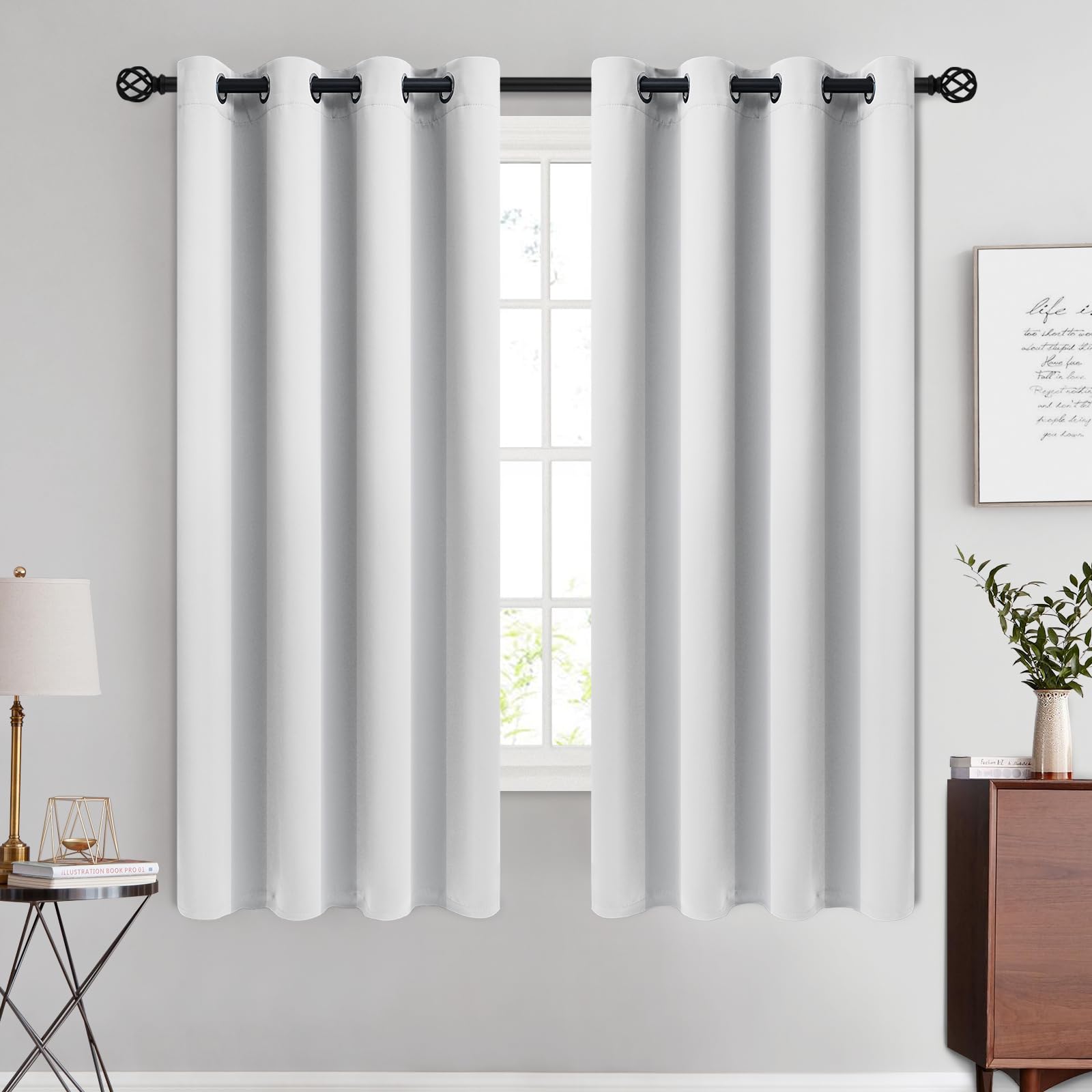 COSVIYA Room Darkening Curtains 63 inches Long for Bedroom 2 Panels Blackout Curtains Greyish White Window Treatments with Grommet Top Thermal Insulated Drapes for Bedroom/Living Room,52x63 inches Image