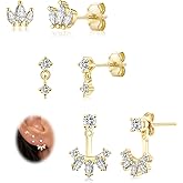 EPIRORA Gold Earrings for Women, 3 Pairs 14K Gold Plated Cubic Zirconia Stud Earrings Set, Trendy Cute Small Cartilage Earrings for Multiple Piercing