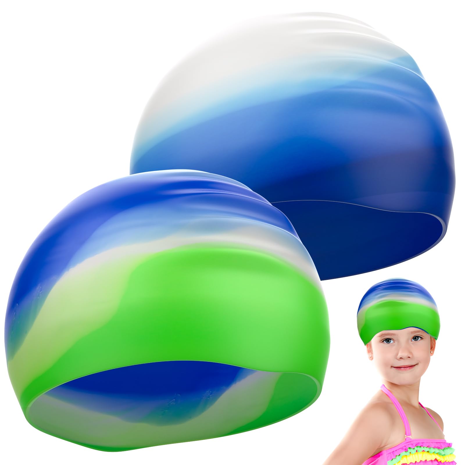 YRVCT Swimming cap children's long hair 2 Pack for Kids thickening colourful Gradient, Silicone Swimming Hat Waterproof swimming cap Girls Boys Kids Teens Children