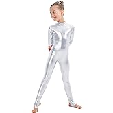 Kepblom Girls Shiny Metallic Mock Neck Unitard Long Sleeve Zipper Back One Piece Bodysuit Costume