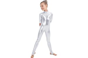 Kepblom Girls Shiny Metallic Mock Neck Unitard Long Sleeve Zipper Back One Piece Bodysuit Costume