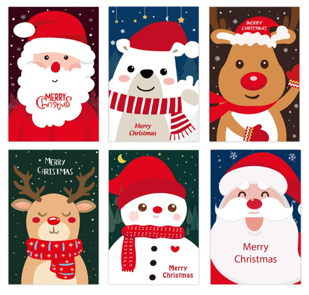 12 Pack Small Size Merry Christmas Greeting Cards & Envelopes, 4" x 6" Size, Merry Christmas Cartoon Holiday Style Greetings Cards, Pack of 12, 2X6 Cute Color