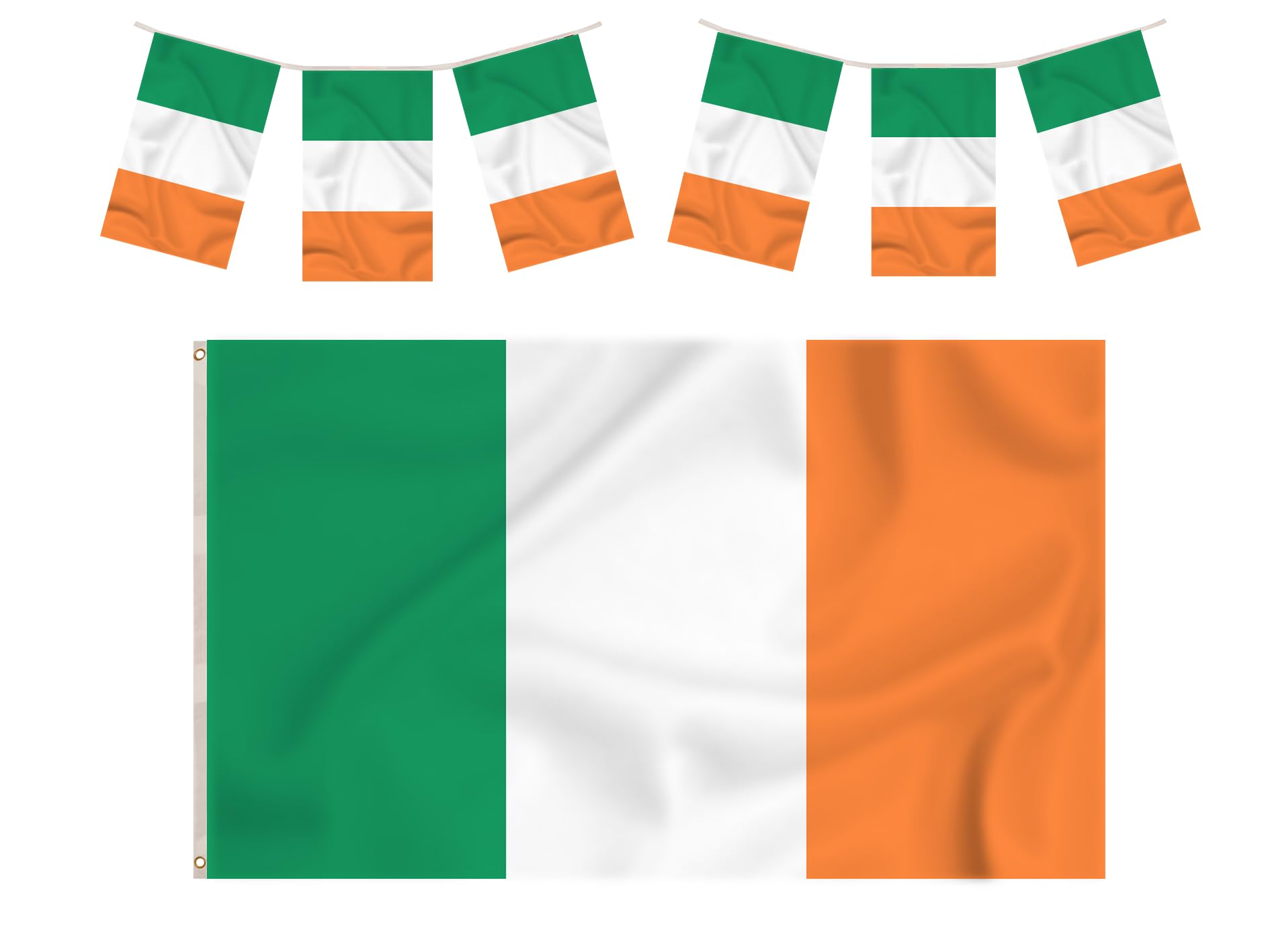 Storm&Lighthouse Ireland Flag Irish Flags 5ft x 3ft with Eyelets Éire St Patricks Day Accessories (5ft x 3ft + 4m Bunting)