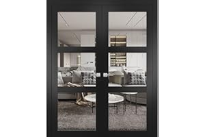 SARTODOORS Interior Solid French Double Doors | Lucia 2555 Matte Black with Clear Glass | Wood Interior Solid Panel Frame Trims | Closet Bedroom Sturdy Doors -64" x 84" (2 * 32x84)-Clear Glass