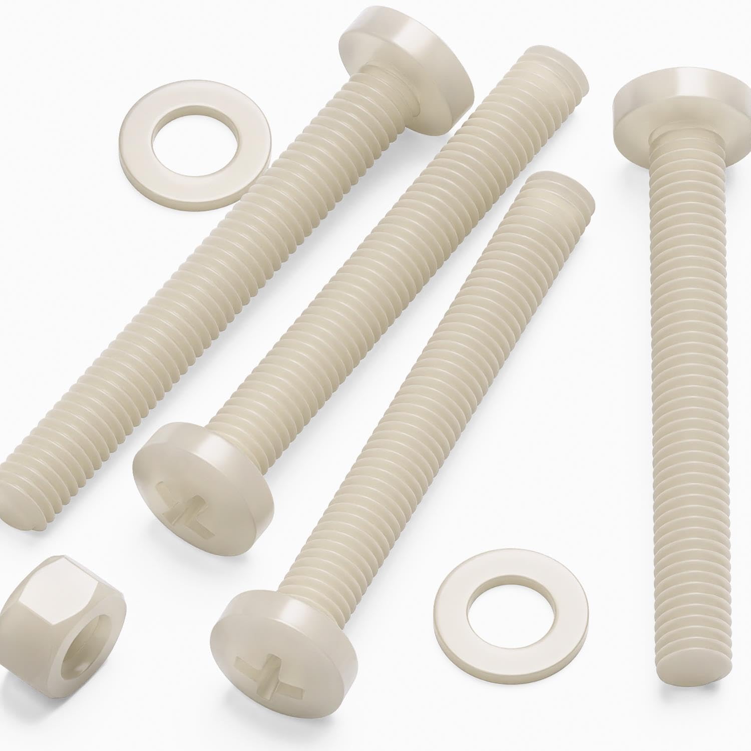 50 x Nylon Pan Head, Crosshead Plastic Machine Screws, M5 x 40mm, Plastic Bolts, Nuts & Washers