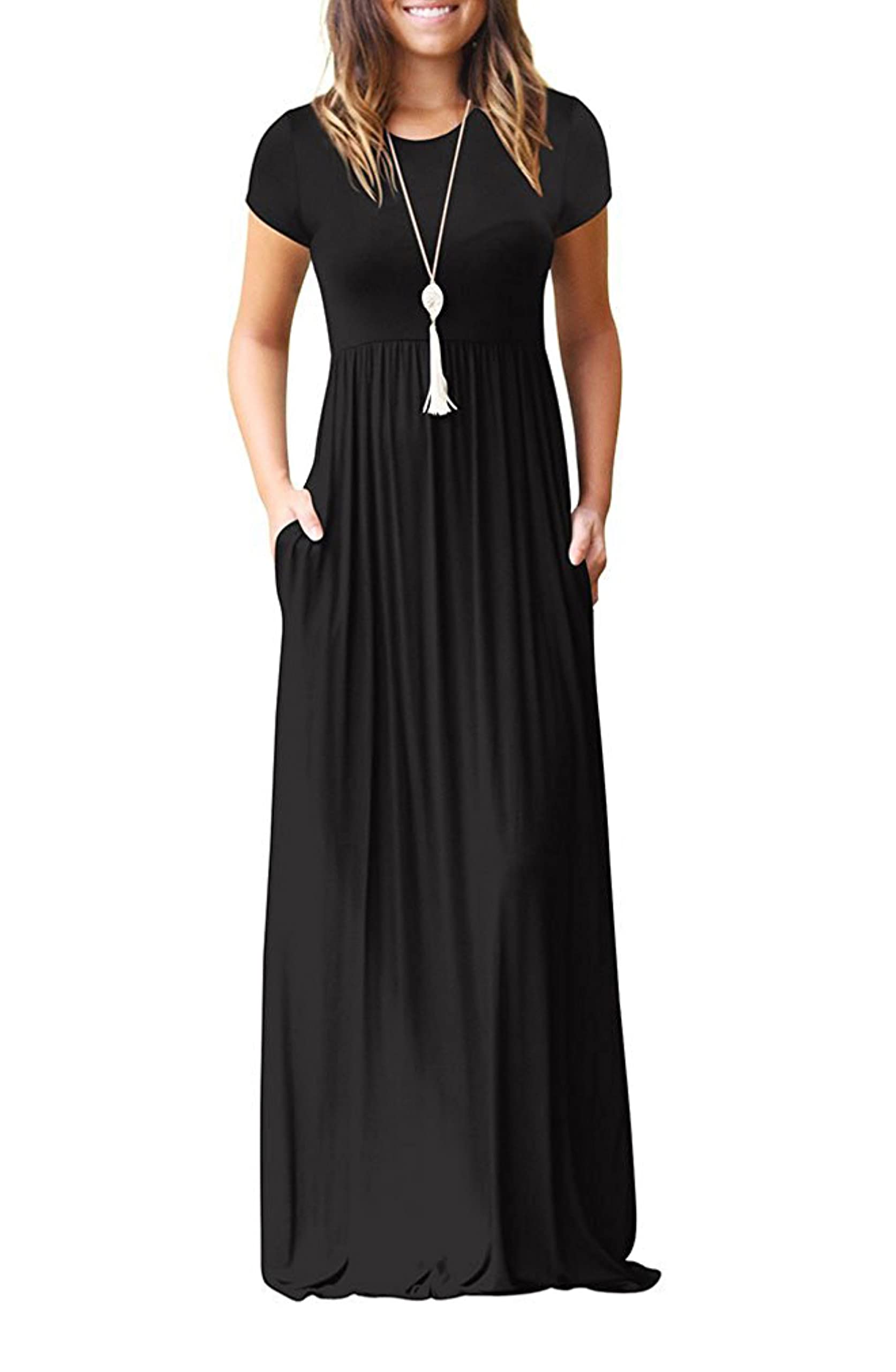 Photo 1 of GRECERELLE Women Summer Crew Neck Casual Short Sleeve Long Maxi Dress with Pockets, Black, S