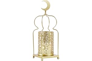 KEPATO Ramadan Candle Lantern, Gold Metal Candle Holder Moon Candlestick Tabletop Lamp for Eid Mubarak Ramadan Holiday Decorations Style 01