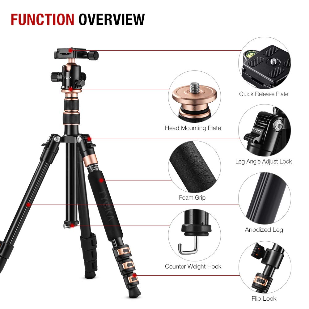 TYCKA Rangers 56” Compact Travel Tripod, Lightweight Aluminum Camera Tripod for DSLR Camera with 360° Panorama Ball Head and Carry Bag