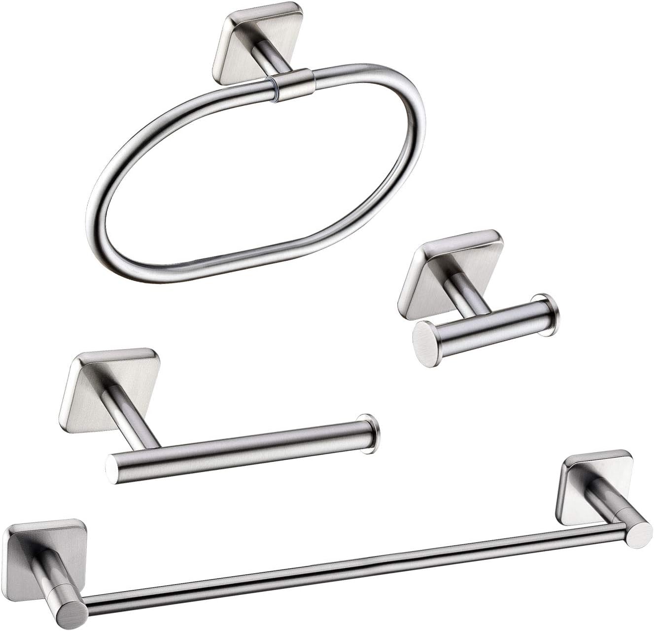 HANEBATH 4-Piece Bathroom Hardware Accessories Set Complete, Brushed Nickel, Wall Mounted Towel Bar, Towel Ring, Toilet Paper Roll Holder, Robe Hook: Home & Kitchen