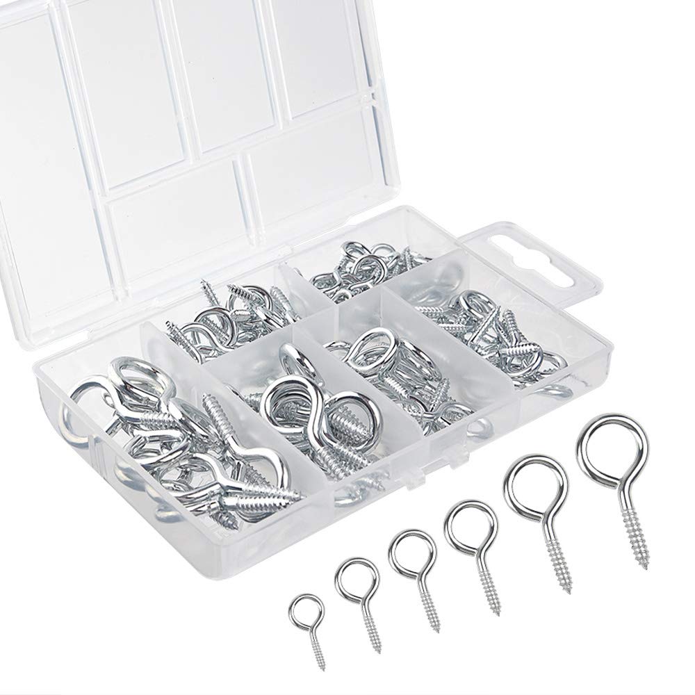 FEPITO 100 Pieces Eye Bolts Eye Screw Hooks Nickel Plated Metal Screw-in Hook, Mixed Size