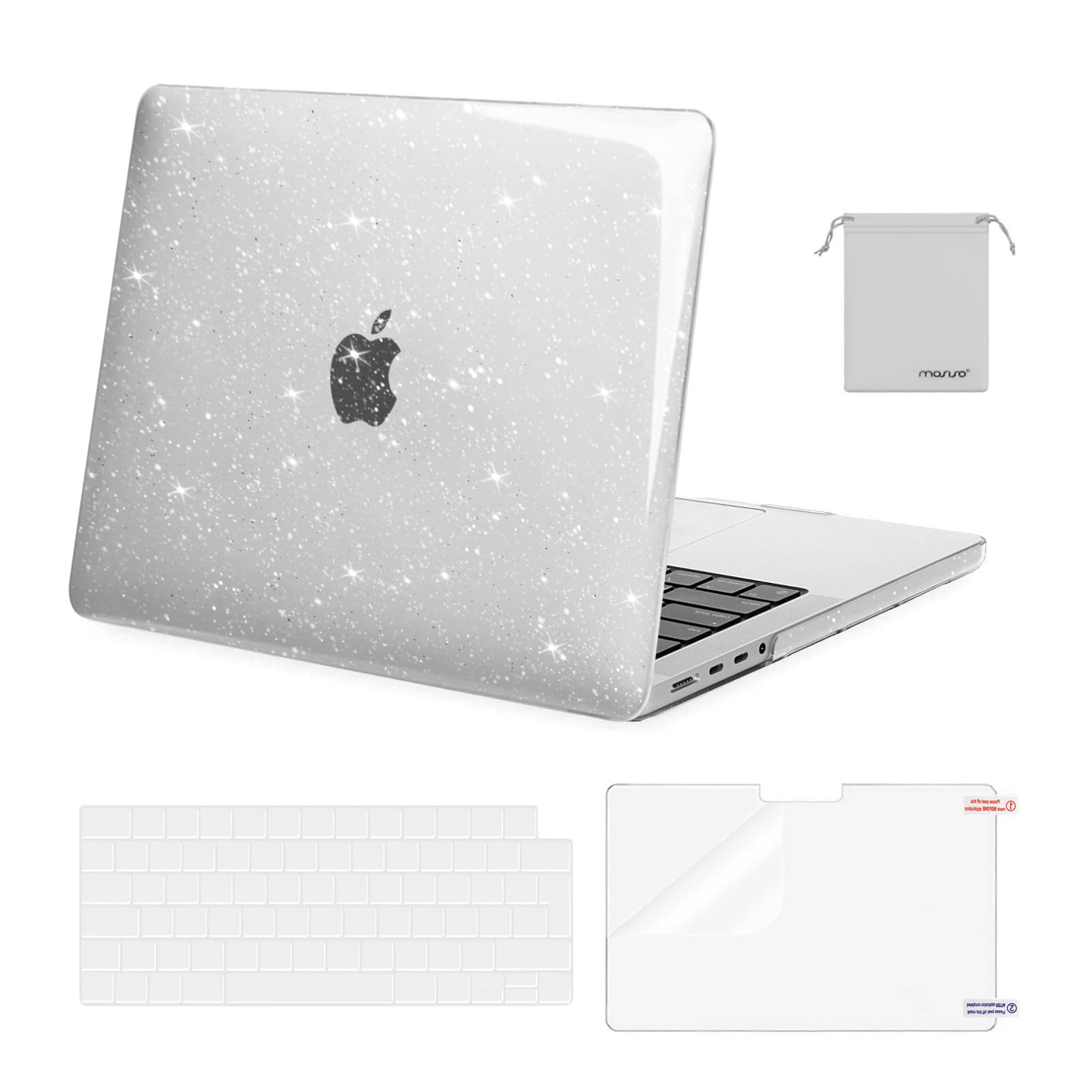 MOSISO Compatible with MacBook Pro 14 inch Case 2021-2026 M5 M4 M3 M2 M1 A3434 A3112 A3185 A3401 A2918 A2992 A2779 A2442, Sparkly Glitter Hard Shell Cover&Keyboard Cover&ScreenFilm&Pouch, Transparent