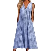 Zivopah Women Casual Dress Summer Stripe Button V Neck Sleeveless with Pocket Long Dresses Holiday Beach Party Midi Dress