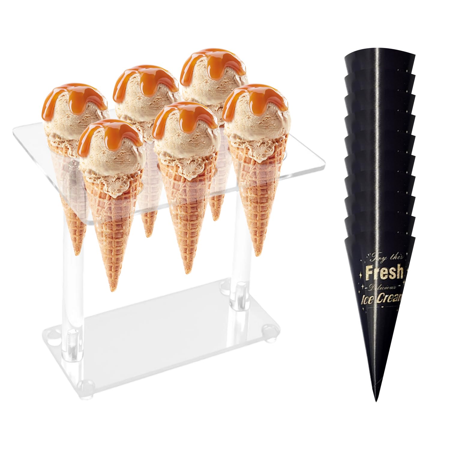 NXPWRC Ice Cream Cone Stand, 10 Pieces Ice Cream Paper Tray, Acrylic Material, 2 Levels, White, 15x20x1cm