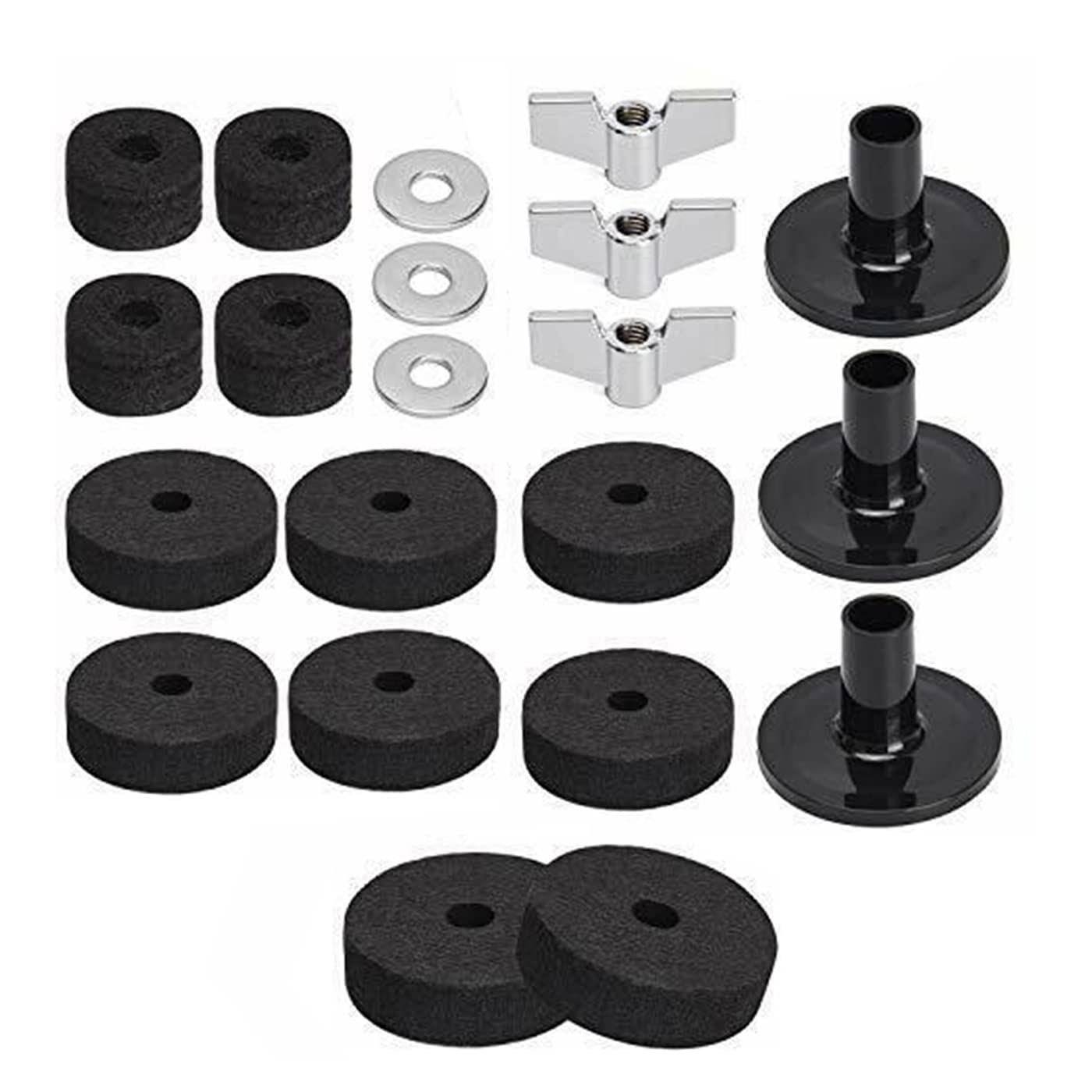 Alnicov Drum Accessories, 21-Piece Kit, Hi-Hat Clutch Felt, Cymbal Sleeves & Washers for Cymbal Stackers, Black