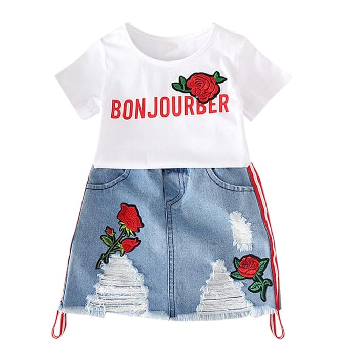 WUSIKY Sommerkleid 2 STÜCKE Kinder Kinder Mädchen Brief Rose Tops T-Shirt + Zerrissene Jeans Rock Set Outfit Mini Rock Tutu H