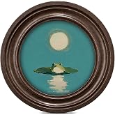 MOCHPEN Moon Frog Round Wall Art Decor, Vintage Frog Painting Artwork, Serene Lily Pad Pond Wall Decoration for Bedroom Living Room Gallery, 5.7x5.7 Inch