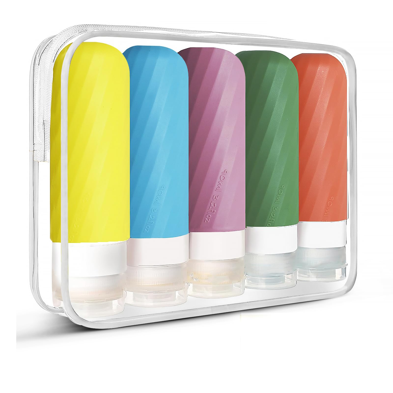 Laxen 5 Pack Travel Bottles for Toiletries with Labels, 100ML Silicone Travel Bottles Set with Clear Zipper Toiletry Bag, Leakproof Refillable Squeeze Travel Size Containers for Shampoo Conditioner