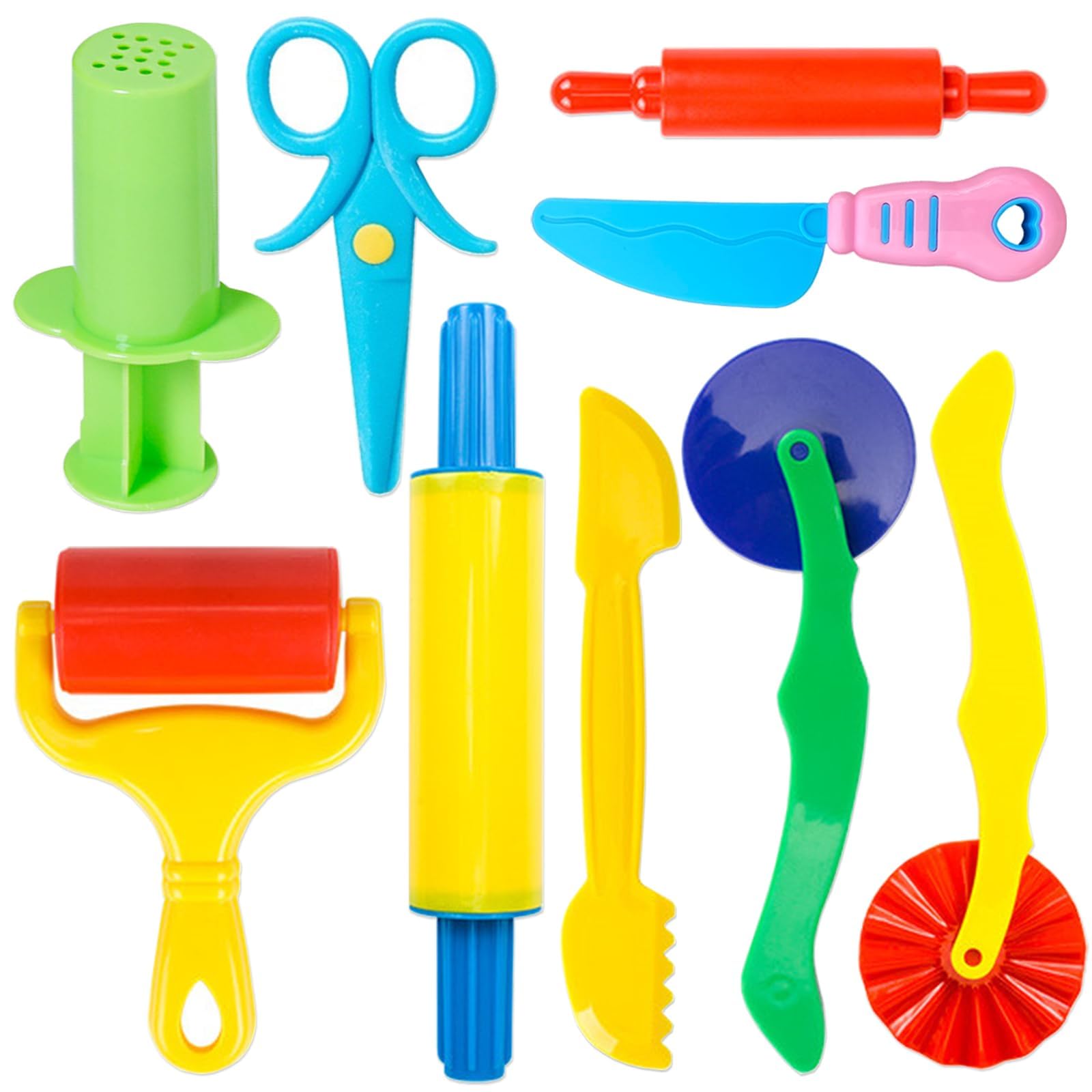 Dough Tool Kit,9 Pcs Basic Clay and Dough Tools Starter Set for Kids Includes Cutters Roller, Rolling Pins, Safety Scissors,Dough Extruder,Plastic Knife Colors Random